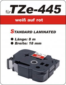 Schriftband weiß auf rot - 100% TZe-445 (18 mm) komp.