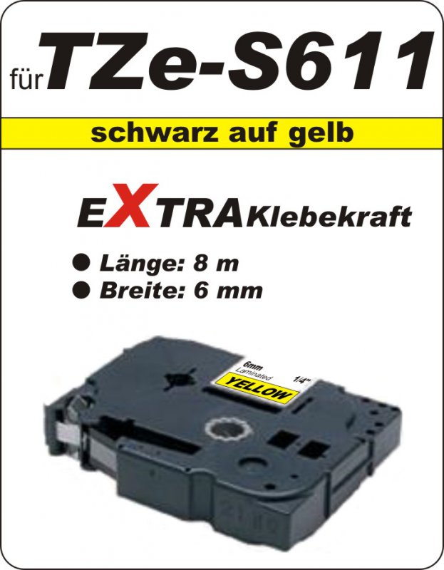schwarz auf gelb - 100% TZe-S611 (6 mm) komp.