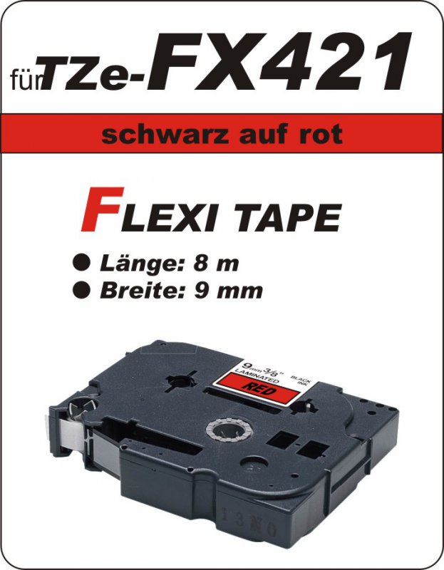 schwarz auf rot - 100% TZe-FX421 (9 mm) komp.