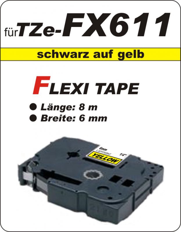 schwarz auf gelb - 100% TZe-FX611 (6 mm) komp.