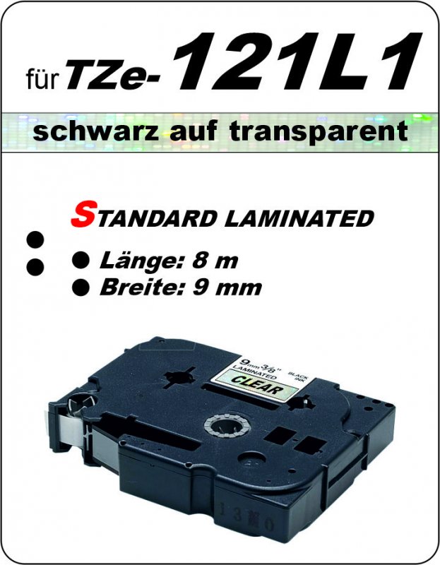 schwarz auf transparent - 100% TZe-121L1 (9 mm) komp.