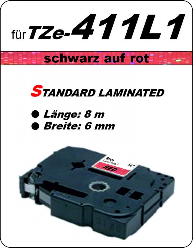 schwarz auf rot - 100% TZe-411L1 (6 mm) komp.