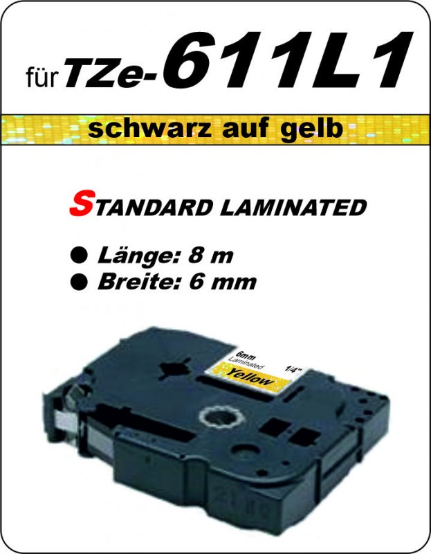 schwarz auf gelb - 100% TZe-611L1 (6 mm) komp.