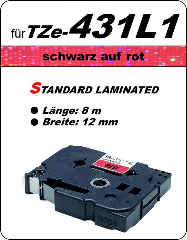 schwarz auf rot - 100% TZe-431L1 (12 mm) komp.
